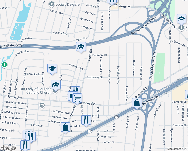 map of restaurants, bars, coffee shops, grocery stores, and more near 519 Rockaway Street in West Islip