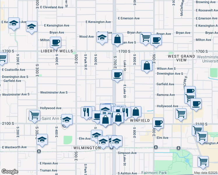 map of restaurants, bars, coffee shops, grocery stores, and more near East Garfield Avenue in Salt Lake City