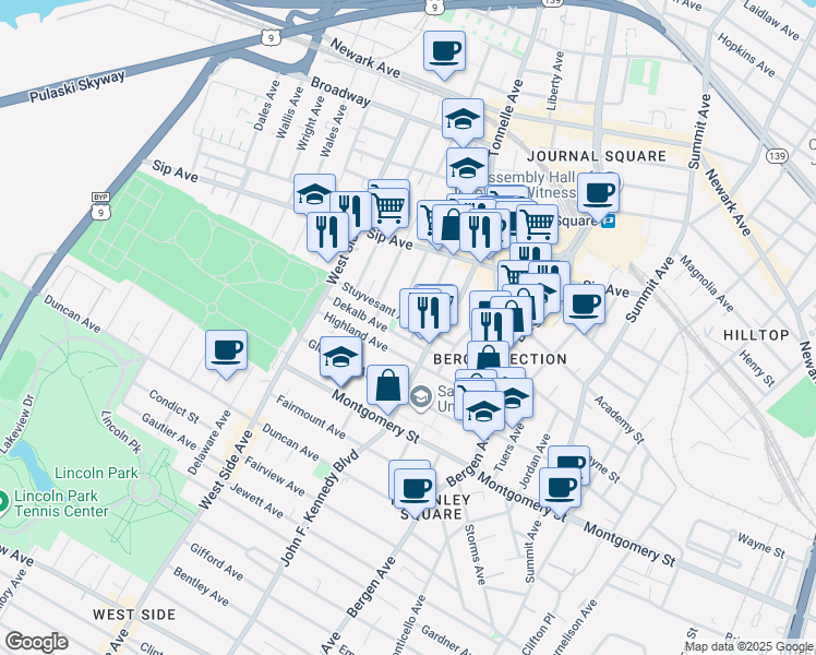 map of restaurants, bars, coffee shops, grocery stores, and more near 9 Garrison Avenue in Jersey City