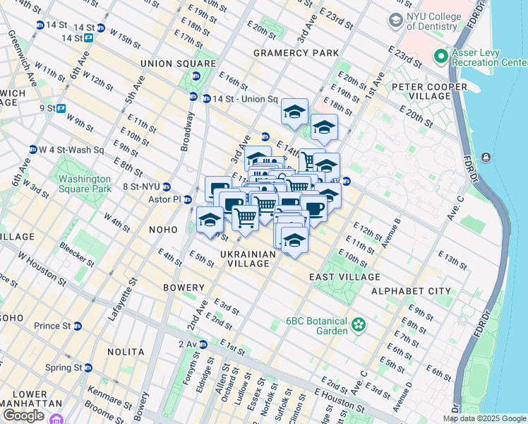 map of restaurants, bars, coffee shops, grocery stores, and more near 200 East 10th Street in New York