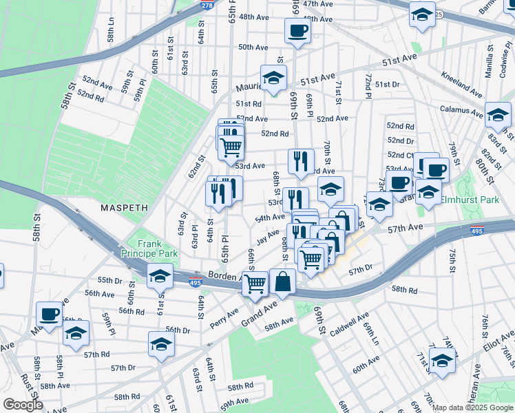 map of restaurants, bars, coffee shops, grocery stores, and more near 53-73 66th Street in Queens
