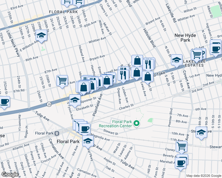 map of restaurants, bars, coffee shops, grocery stores, and more near 340 Jericho Turnpike in Floral Park