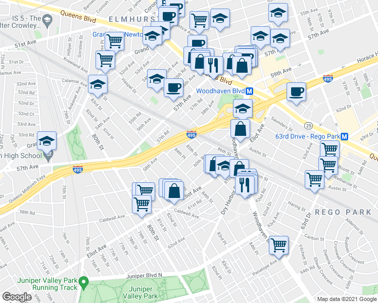 map of restaurants, bars, coffee shops, grocery stores, and more near 85-4 60th Avenue in Queens