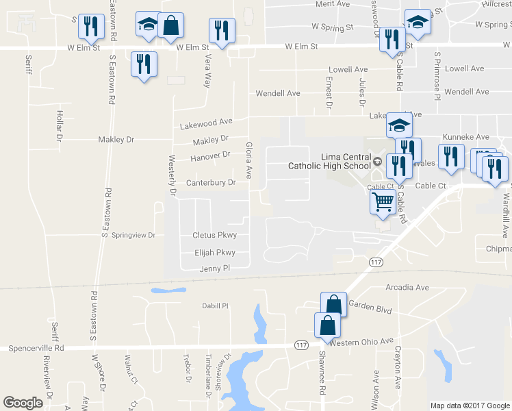 map of restaurants, bars, coffee shops, grocery stores, and more near 2873 Seminole Trail in Lima