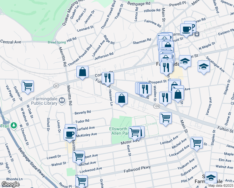 map of restaurants, bars, coffee shops, grocery stores, and more near 380 Fulton Street in Farmingdale