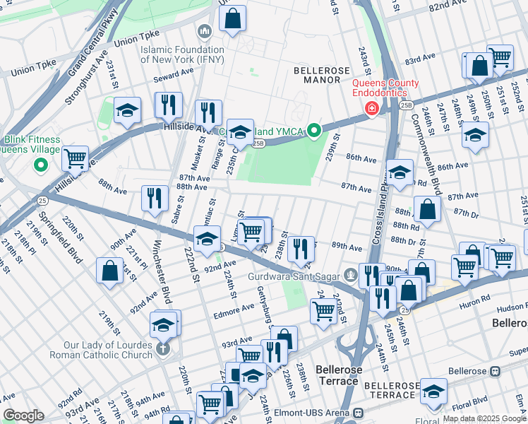 map of restaurants, bars, coffee shops, grocery stores, and more near 88-25 Gettysburg Street in Queens