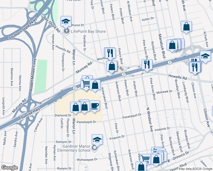 map of restaurants, bars, coffee shops, grocery stores, and more near 623 Pine Drive in Bay Shore