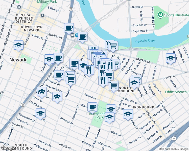 map of restaurants, bars, coffee shops, grocery stores, and more near 102 Jefferson Street in Newark