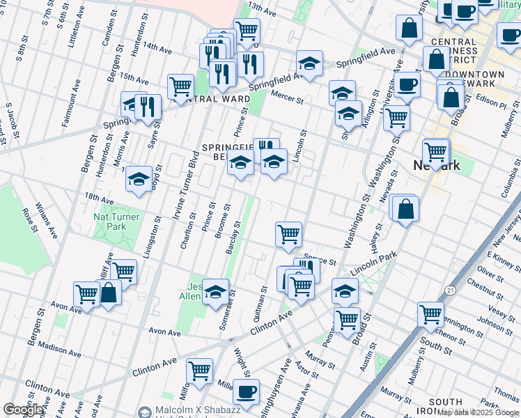map of restaurants, bars, coffee shops, grocery stores, and more near 8 Somerset Street in Newark