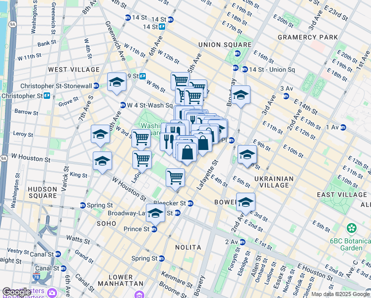 map of restaurants, bars, coffee shops, grocery stores, and more near 12 Washington Place in New York