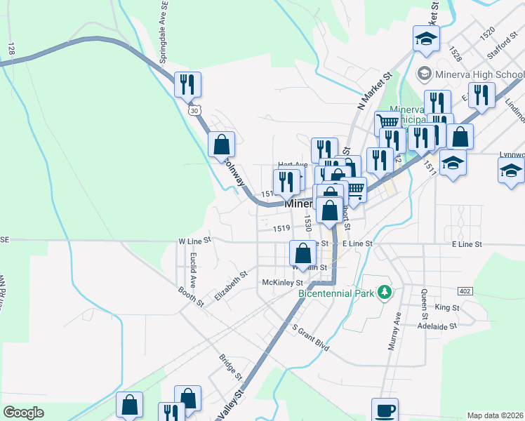 map of restaurants, bars, coffee shops, grocery stores, and more near 313 West Lincolnway in Minerva