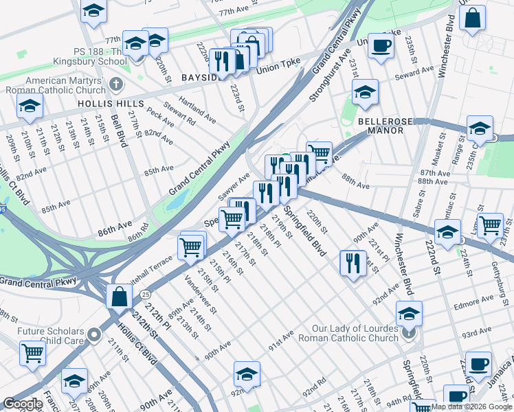map of restaurants, bars, coffee shops, grocery stores, and more near 218-37 Hillside Avenue in Queens