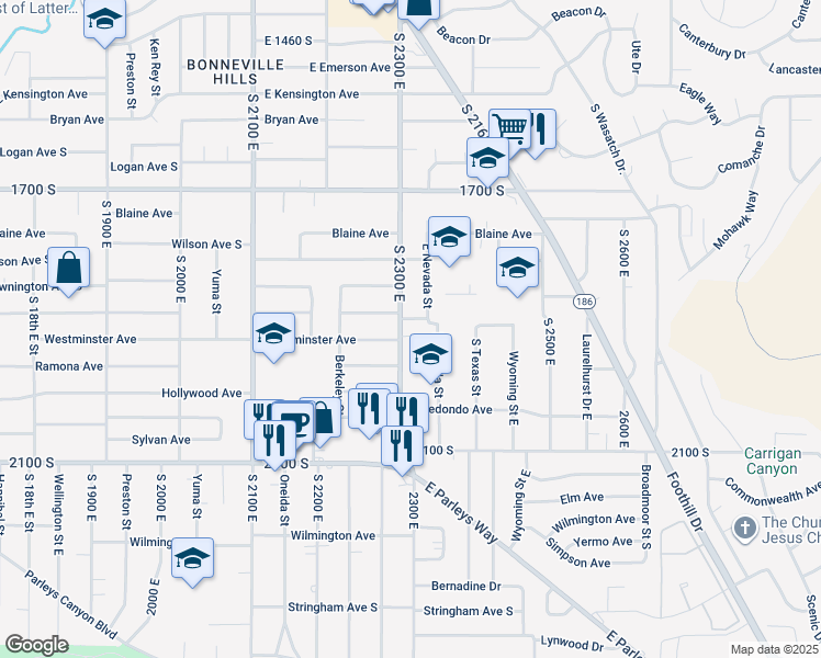 map of restaurants, bars, coffee shops, grocery stores, and more near 1877 South 2300 East in Salt Lake City
