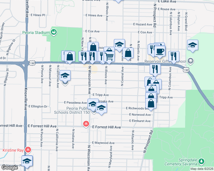 map of restaurants, bars, coffee shops, grocery stores, and more near 819 East Wilson Avenue in Peoria Heights