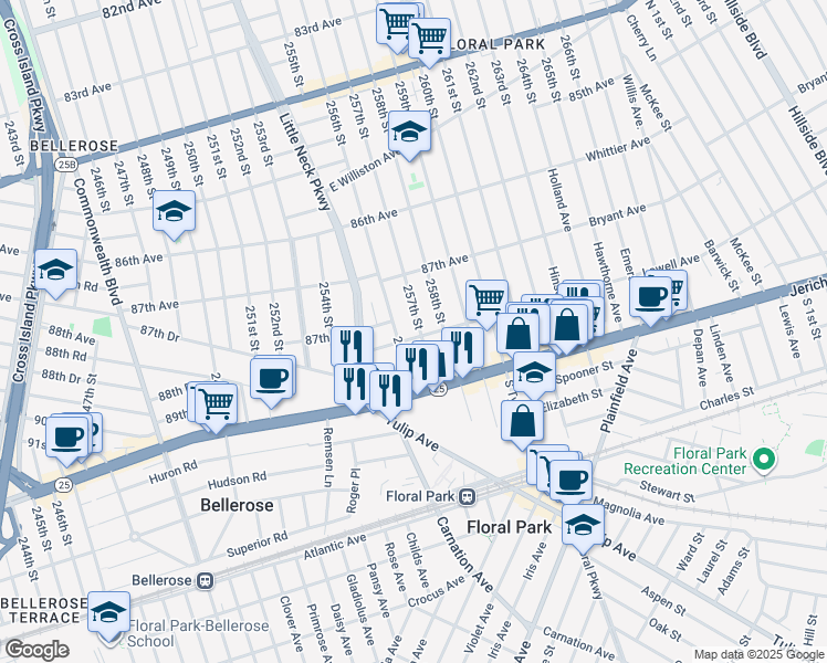 map of restaurants, bars, coffee shops, grocery stores, and more near 256-15 87th Road in Queens