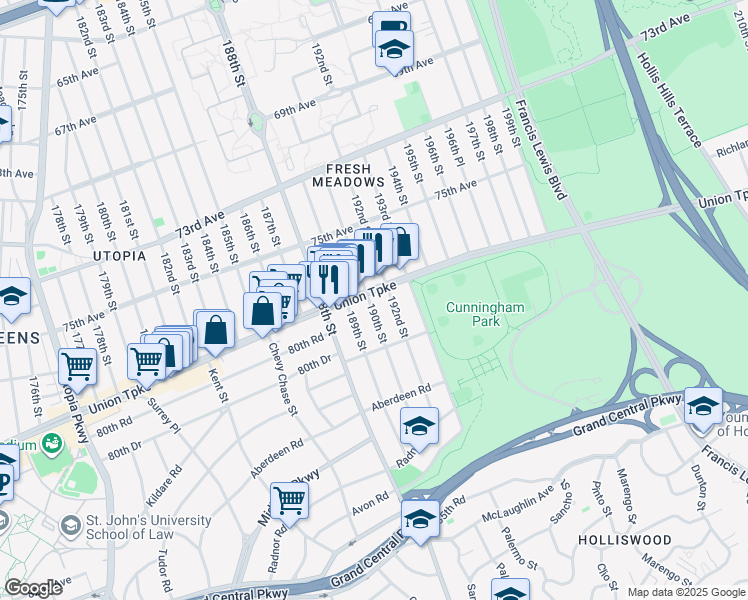 map of restaurants, bars, coffee shops, grocery stores, and more near 8007 190th Street in Queens