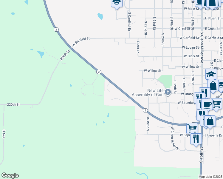 map of restaurants, bars, coffee shops, grocery stores, and more near Highway 2 in Clarinda