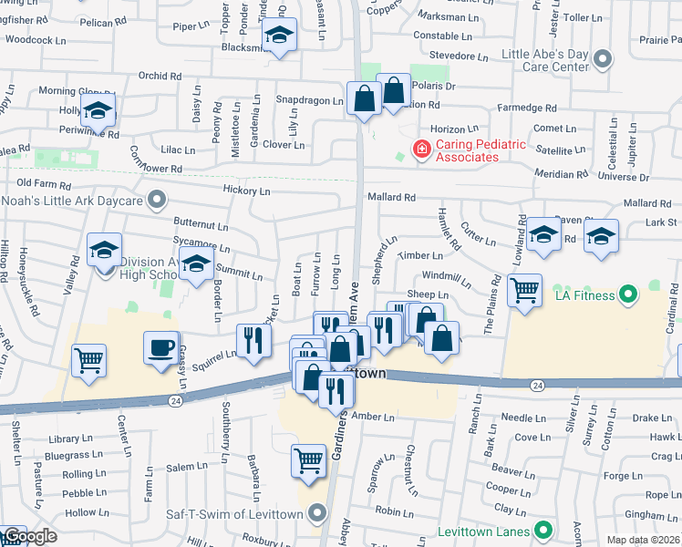 map of restaurants, bars, coffee shops, grocery stores, and more near 27 Long Lane in Levittown