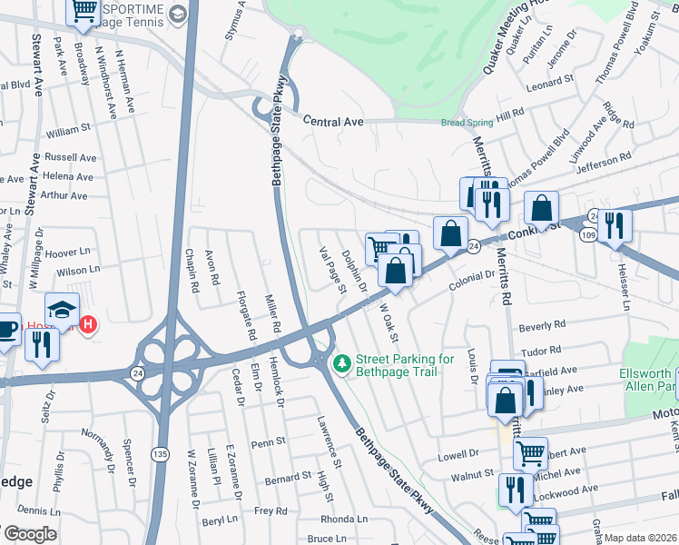 map of restaurants, bars, coffee shops, grocery stores, and more near 17 Val Page Street in Farmingdale