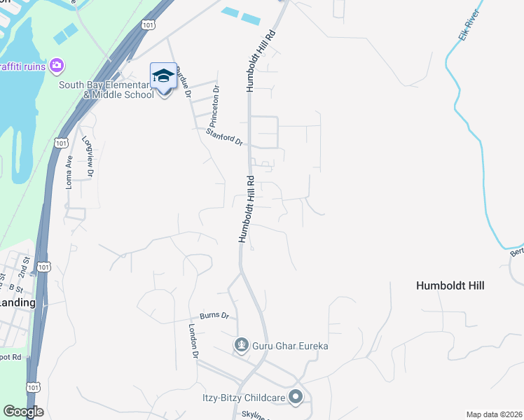 map of restaurants, bars, coffee shops, grocery stores, and more near 6447 Humboldt Hill Road in Eureka