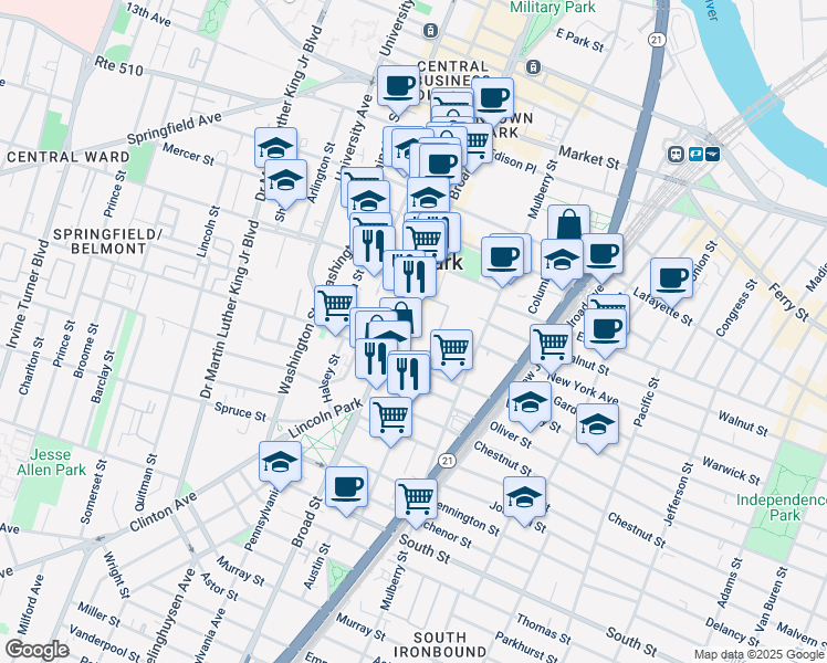 map of restaurants, bars, coffee shops, grocery stores, and more near 986 Broad Street in Newark