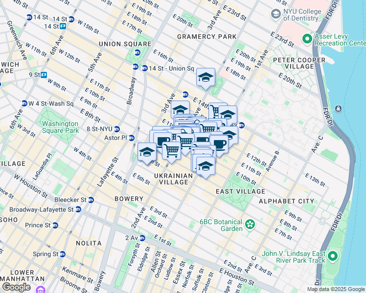 map of restaurants, bars, coffee shops, grocery stores, and more near 213 East 10th Street in New York