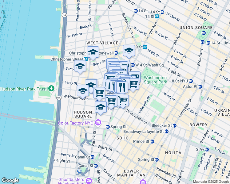 map of restaurants, bars, coffee shops, grocery stores, and more near 1 Minetta Street in New York