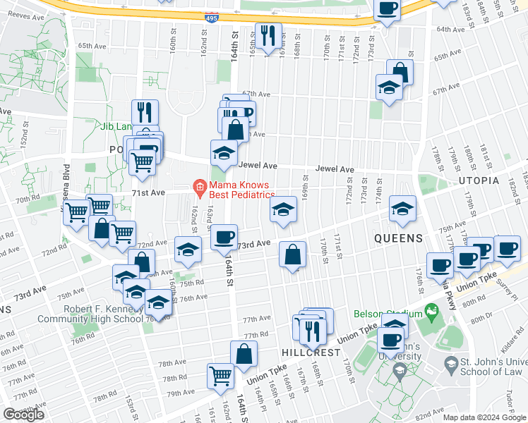 map of restaurants, bars, coffee shops, grocery stores, and more near 71-33 166th Street in Queens