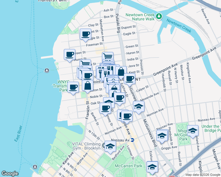 map of restaurants, bars, coffee shops, grocery stores, and more near Manhattan Ave & Milton St in Brooklyn