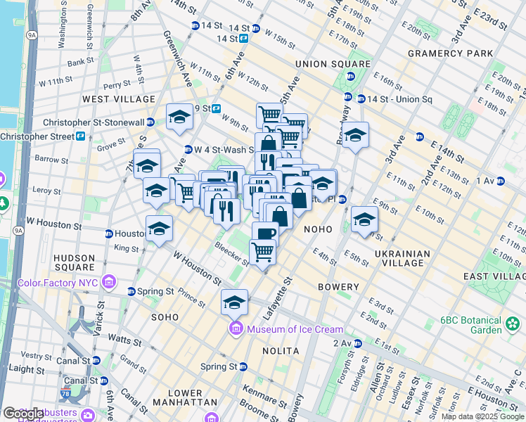 map of restaurants, bars, coffee shops, grocery stores, and more near 35 West 4th Street in New York
