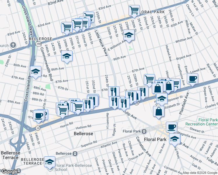 map of restaurants, bars, coffee shops, grocery stores, and more near in Queens