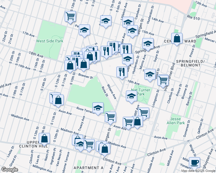 map of restaurants, bars, coffee shops, grocery stores, and more near 45 Winans Avenue in Newark