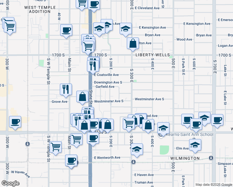 map of restaurants, bars, coffee shops, grocery stores, and more near 1873 South 200 East in Salt Lake City