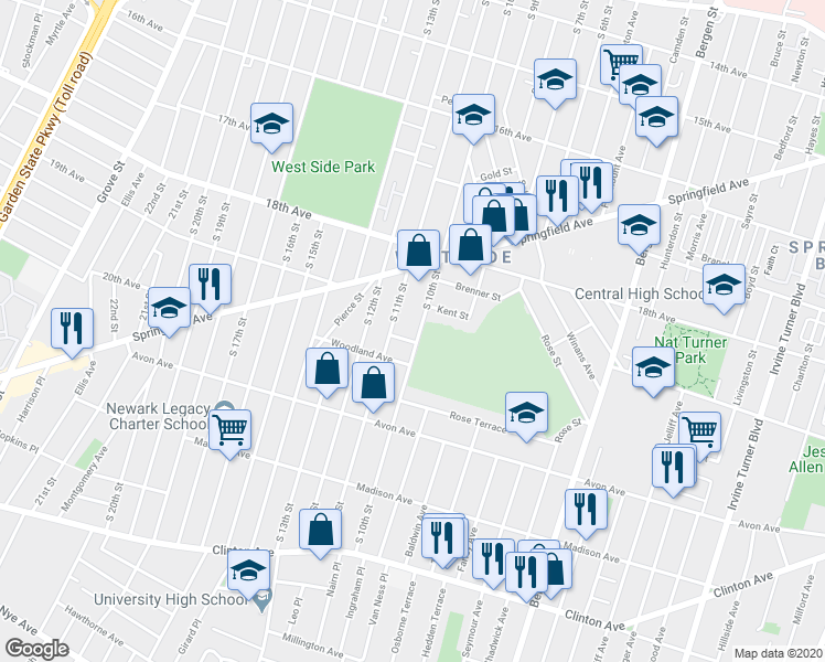 map of restaurants, bars, coffee shops, grocery stores, and more near 659 South 10th Street in Newark