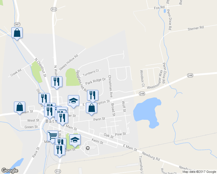 map of restaurants, bars, coffee shops, grocery stores, and more near 214 Christmas Avenue in Bath