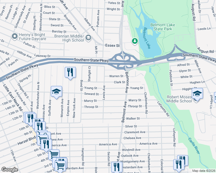 map of restaurants, bars, coffee shops, grocery stores, and more near 191 Young Street in West Babylon