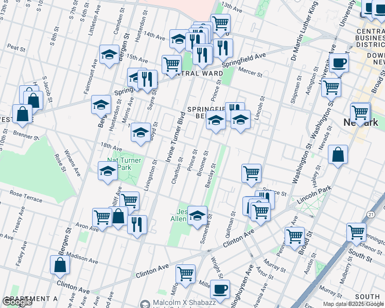 map of restaurants, bars, coffee shops, grocery stores, and more near 205 Prince Street in Newark