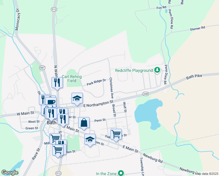 map of restaurants, bars, coffee shops, grocery stores, and more near 214 Christmas Avenue in Bath