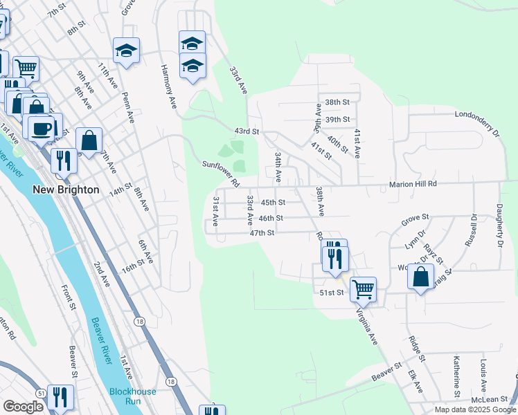 map of restaurants, bars, coffee shops, grocery stores, and more near 3310 45th St in New Brighton