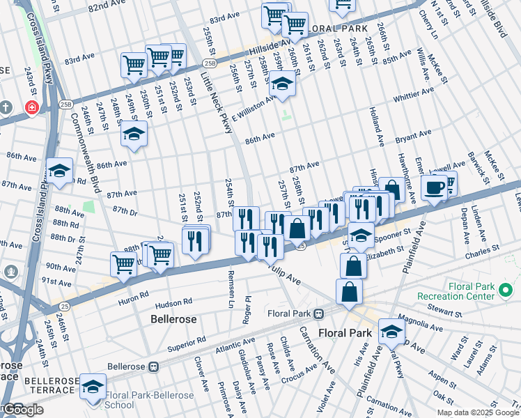 map of restaurants, bars, coffee shops, grocery stores, and more near 255-14 87th Terrace in Queens