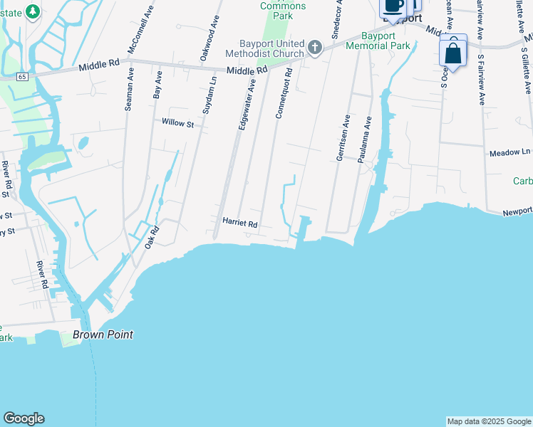 map of restaurants, bars, coffee shops, grocery stores, and more near 259 Connetquot Road in Bayport