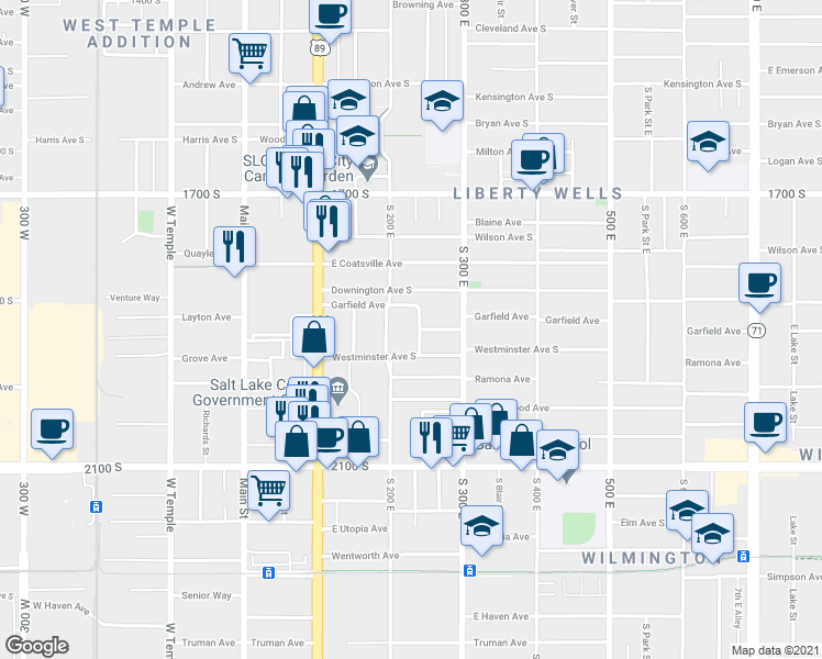 map of restaurants, bars, coffee shops, grocery stores, and more near 1873 South 200 East in Salt Lake City