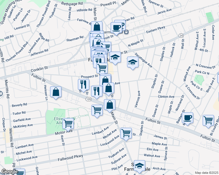 map of restaurants, bars, coffee shops, grocery stores, and more near 441 Main Street in Farmingdale