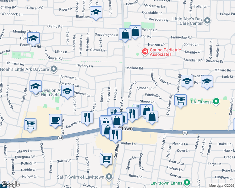 map of restaurants, bars, coffee shops, grocery stores, and more near 27 Long Lane in Levittown