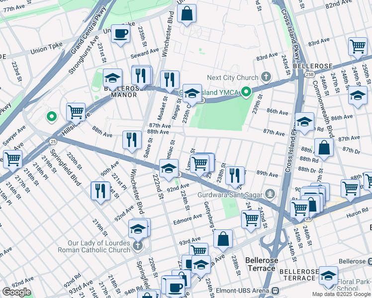 map of restaurants, bars, coffee shops, grocery stores, and more near 88-30 Lyman Street in Queens