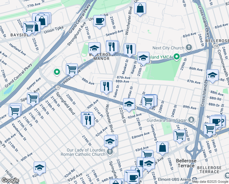 map of restaurants, bars, coffee shops, grocery stores, and more near 88-37 Sabre Street in Queens