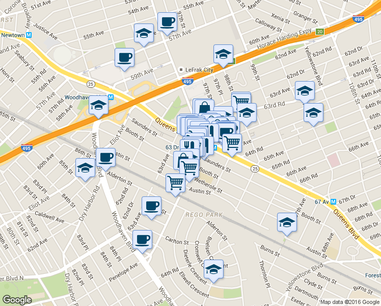 map of restaurants, bars, coffee shops, grocery stores, and more near 95-20 63rd Drive in Queens