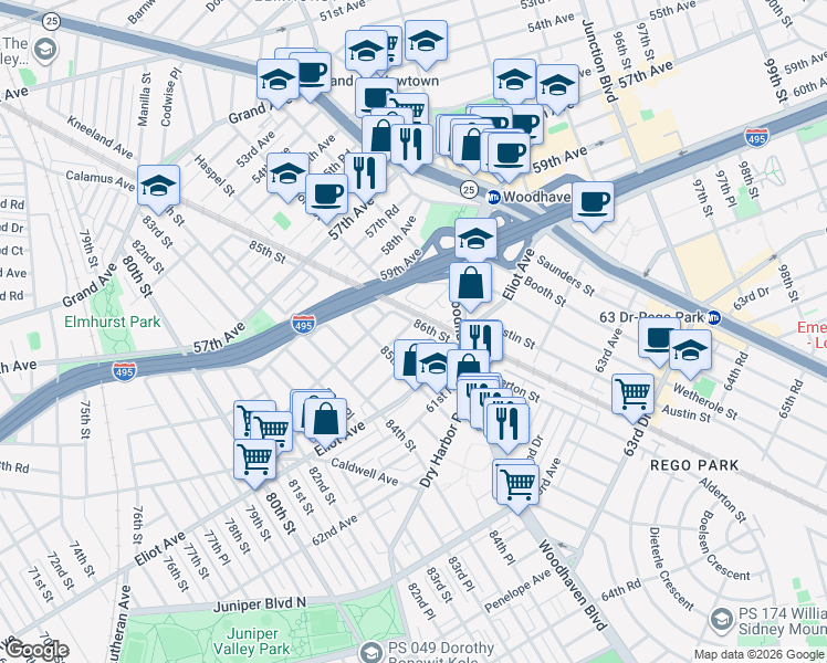 map of restaurants, bars, coffee shops, grocery stores, and more near 85-34 60th Road in Queens