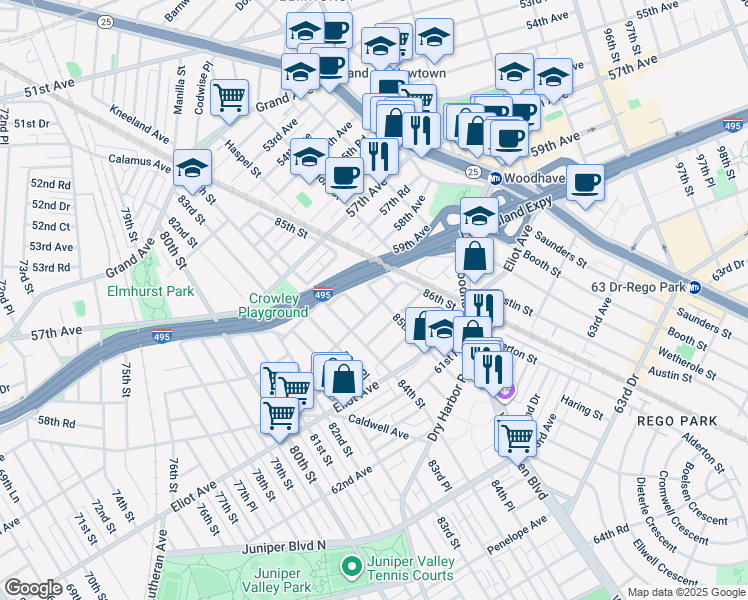 map of restaurants, bars, coffee shops, grocery stores, and more near 85-4 60th Avenue in Queens