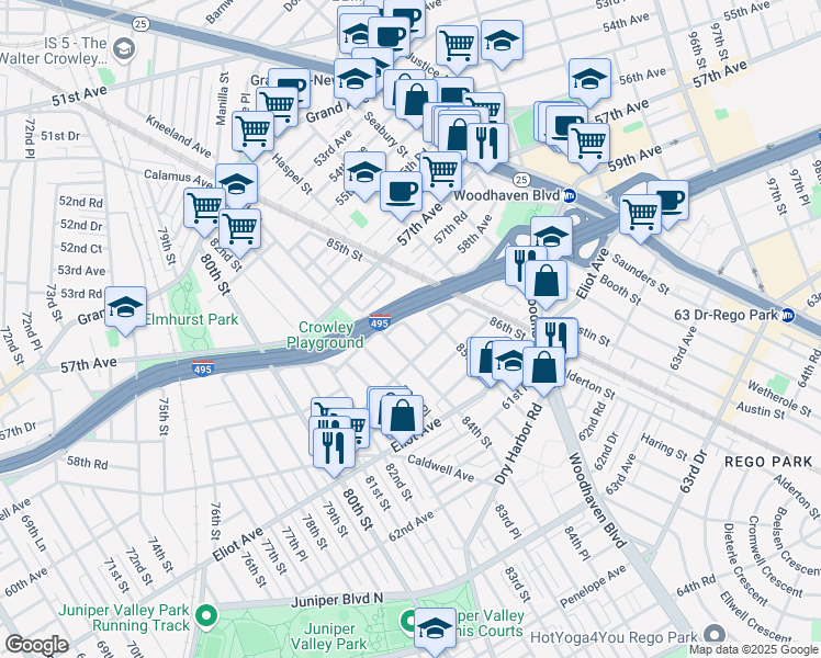 map of restaurants, bars, coffee shops, grocery stores, and more near 58-20 84th Place in Queens
